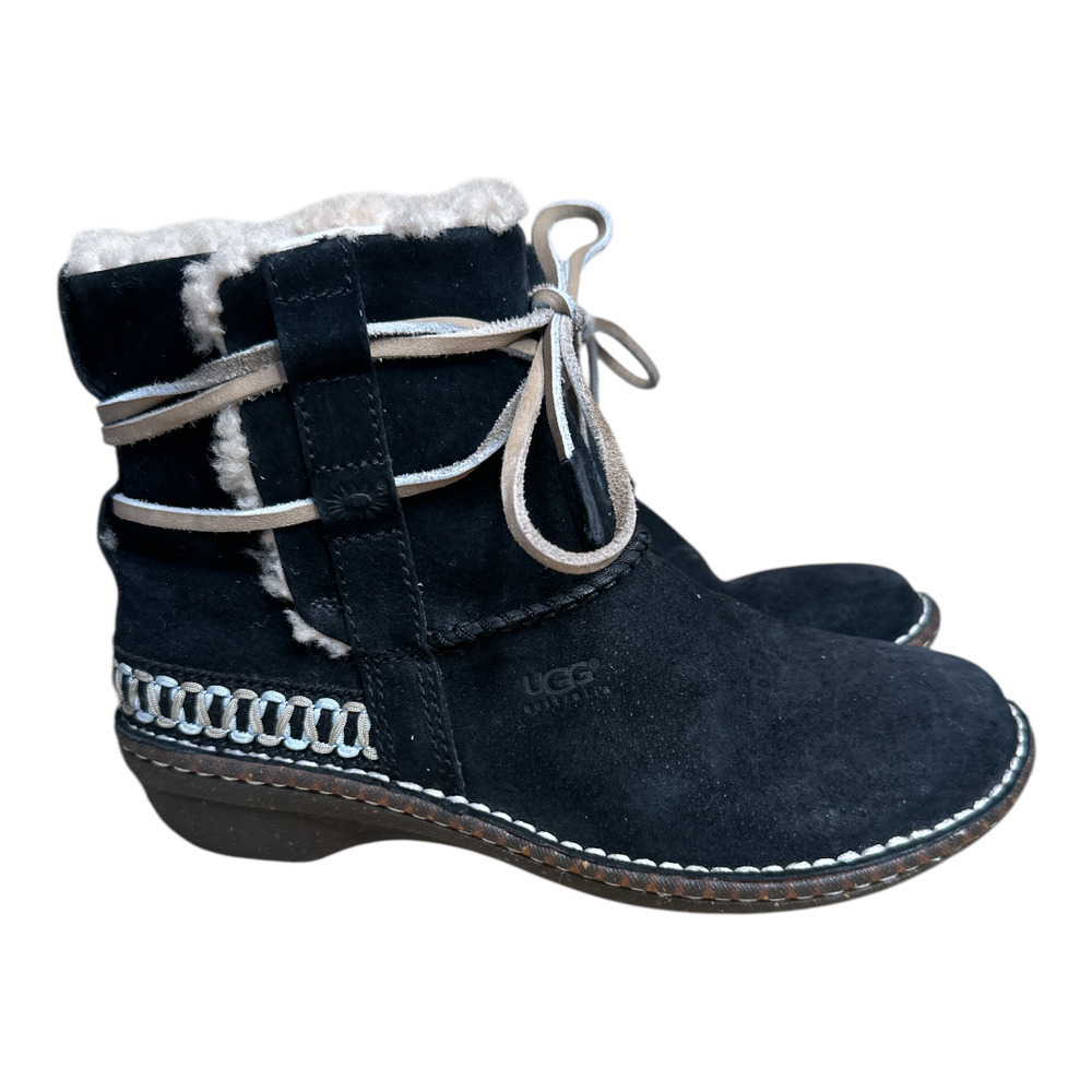 Ugg Black Suede Shearling Inside Slip On Winter Booties Women's Sz 7 Heel 1.5" - Picture 2 of 13